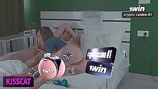 Intense taboo enthusiasm in share bed, step mom seduces step son, warm blowjob and handjob, face jizz after smash