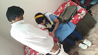 Indian schoolgirl teen rides teacher's big cock in uniform