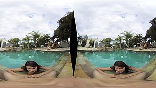 Amazing busty brunette slut doing blowjob outdoor