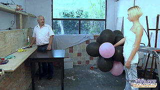 Old Man Fucks Teen's Blonde Pussy and Cums in Her Mouth