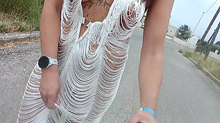 Flashing in Public While Walking Around in a See-through Dress