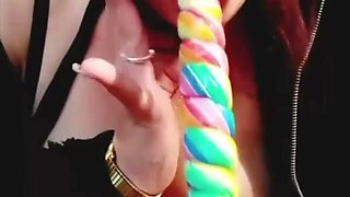 BBW babe toys her pussy with long candy lollipop