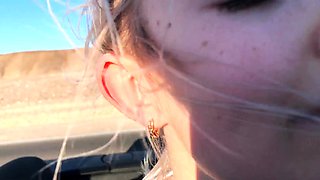 Public teen sex in the convertible car on a way to Las