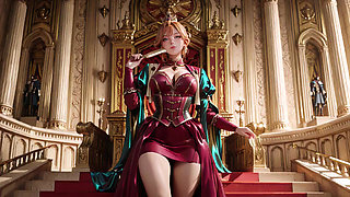 Red Queen on the Golden Throne! Deep velvet gown, lazy chin rest, and a gaze that locks onto you.