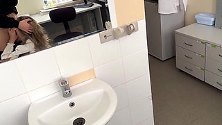 Beautiful blonde doctor sucks big and gets cum in her mouth