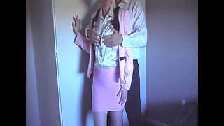 Skirt suit, satin blouse, panties, clothed cum on blouse