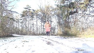 Slender long-legged blonde Lara Fox likes pissing on the snow