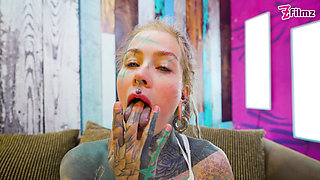 Tattooed Anal Queen in White Lingerie Fingers Herself Senseless