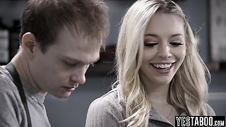 Blond hair babe barista fucks cheating BF in cafe