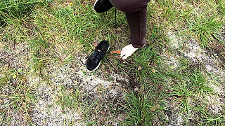 Completely Naked Through the Woods While Slapping Her Breasts