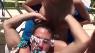 Gorgeous Party Girls Riding One Dick Together At Pool Party