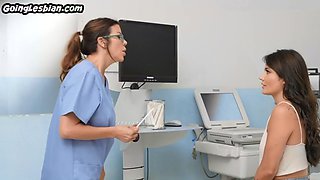 Busty nurse sits on face and licks babes ass in hospital room
