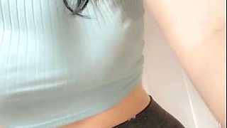 Busty curly brunette with big boobs fucks on couch
