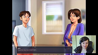 Summertime Saga marathon with a big-boobed gamer giving a handjob all night long