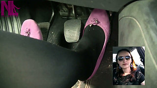 Driving in Black Thick Nylons and Pink Flats