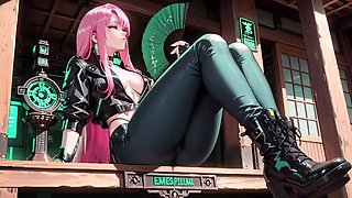 Rosy-Haired Leather Tech! Intimate vibrates in a neon-lit cyber corridor.