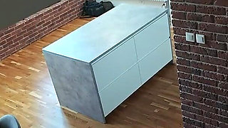 Busty Businesswoman Pees on the Kitchen Table.