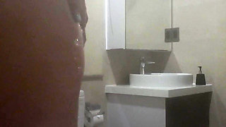 Playing with My Big Thick Cock as I Watch My Step Sister Shower
