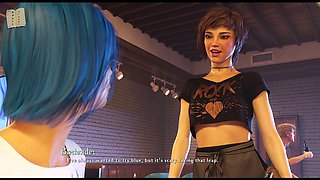 Blue-haired babe with big tits shares erotic stories while enjoying some PC gameplay