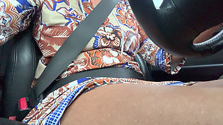 Beautiful wife gets horny in her car and puts her hand in her panties and rubs her pussy in public