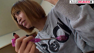 Skinny girl gets pussy fucked with a huge dildo after vibrator stimulation