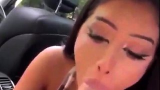 Amateur blowjob by busty brunette in black bra panties