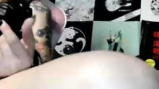 Big tit shemale jerks her long cock