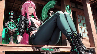 Pink-Haired Leather Tech! Private vibes in a neon-lit cyber corridor.