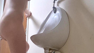 Girl with Nice Ass Strips and Pisses Mens Bathroom Risky Pee