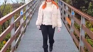 Slutty redhead gives a nice blowjob to an older guy outdoor and takes his cum in her mouth