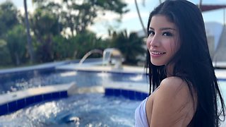 Hot Latin doll gets a juicy cumshot after passionate sex by the pool.