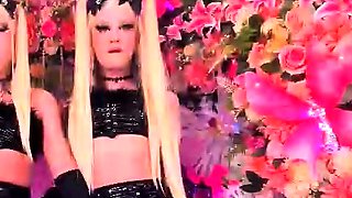 Chubby big tits shemale jerking her big cock