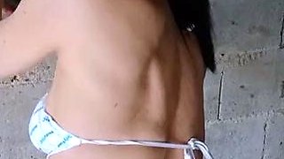 Busty curly brunette with big boobs fucks on couch