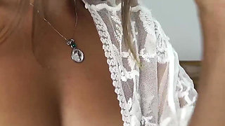 Beauty in white peignoir suck huge dick lover and cumshot on boobs