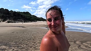 Public beach blowjob and handjob with a kinky brunette slut