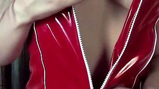 A blonde teen legitimate in a crimson sundress solo