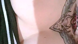 Busty curly brunette with big boobs fucks on couch