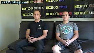 Tattooed jock sucks cock of hairy gay on casting for cumshot