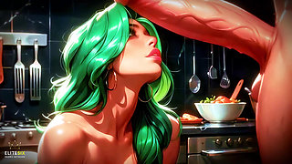 Bimbo Green Hair Big Tits Ass Huge Cock Dream Kitchen Tease (100% AI Generated)