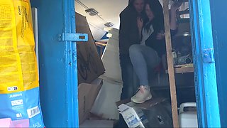 Brunette in jeans fucked in storage by her boss - Amateur