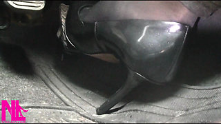 Revving and Driving in Black Pantyhose and Grey High Heels