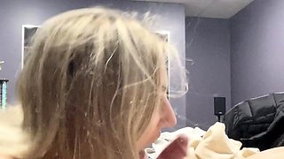 Blonde teen gives handjob and blowjob