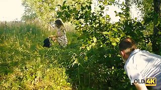 Old4k. cool red haired with glasses rails old dick in the forest