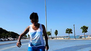 Thai skater teen relaxing on a big cock