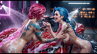Jinx and Vi Washing the Red Ferrari Wet and Soapy