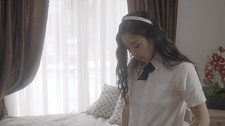 Asian schoolgirl Elle Lee makes a cock disappear in her pussy