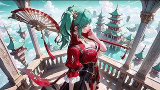 Green-haired warrior in a black-red battle robe, commanding yet shy on the floating terrace.