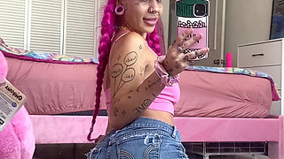 Teen Flashing Boobs Wrinkled Soles Small Feet Mirror Video Booty in Jean Shorts Crop Top Flashed Perky Tits Baseball Cap Scrunch