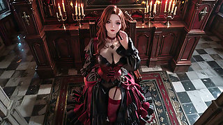Gothic Redhead Queen! A lavish coronation in the candlelit hall, kneeling with a golden cup and sheer stockings.