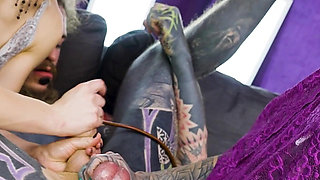 Heavy Tattooed Sub Played with and Pegged by 2 Dominas